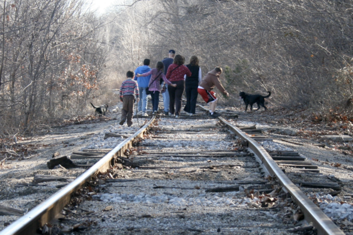 A family hikes
