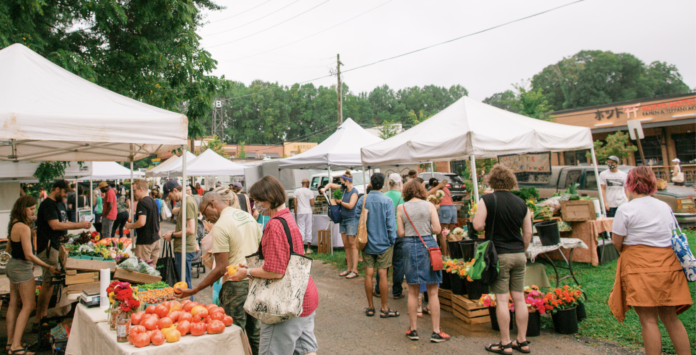 People walk around a farmers' market