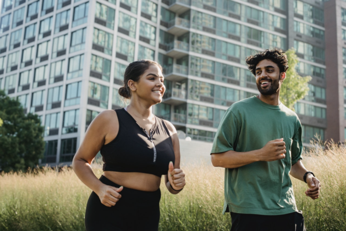 Woman and man running