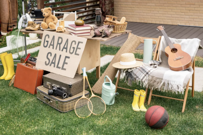 Items laid out in the yard for sale.