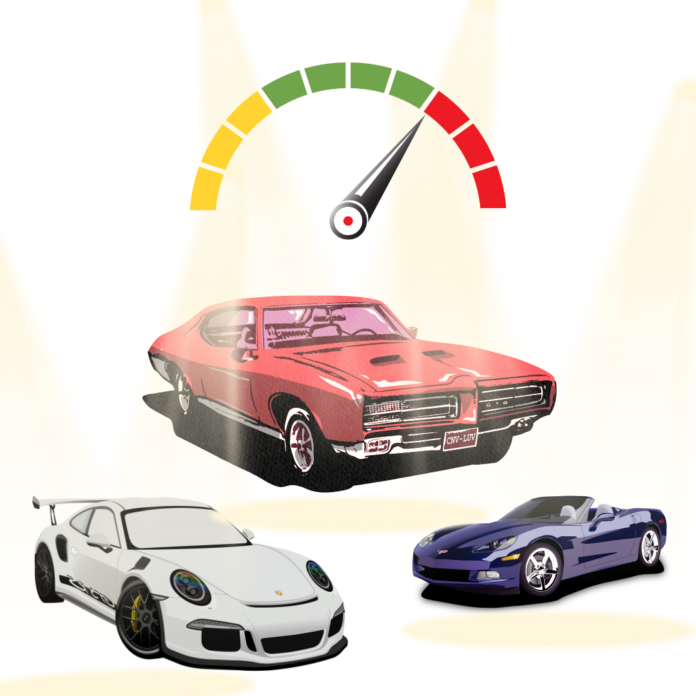 On the right is a white car, in the center is a red car, on the left is a purple car. The vehicles have spotlights on them with a speedometer above the image.