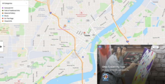 A map of the Ohio Creativity Trail zoomed in on Toledo's locations.